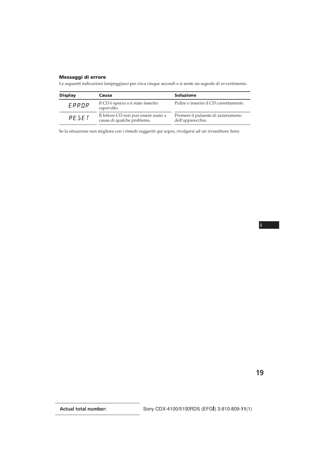 Sony CDX-4100RDS, CDX-5100RDS manual Messaggi di errore, Display Causa Soluzione 