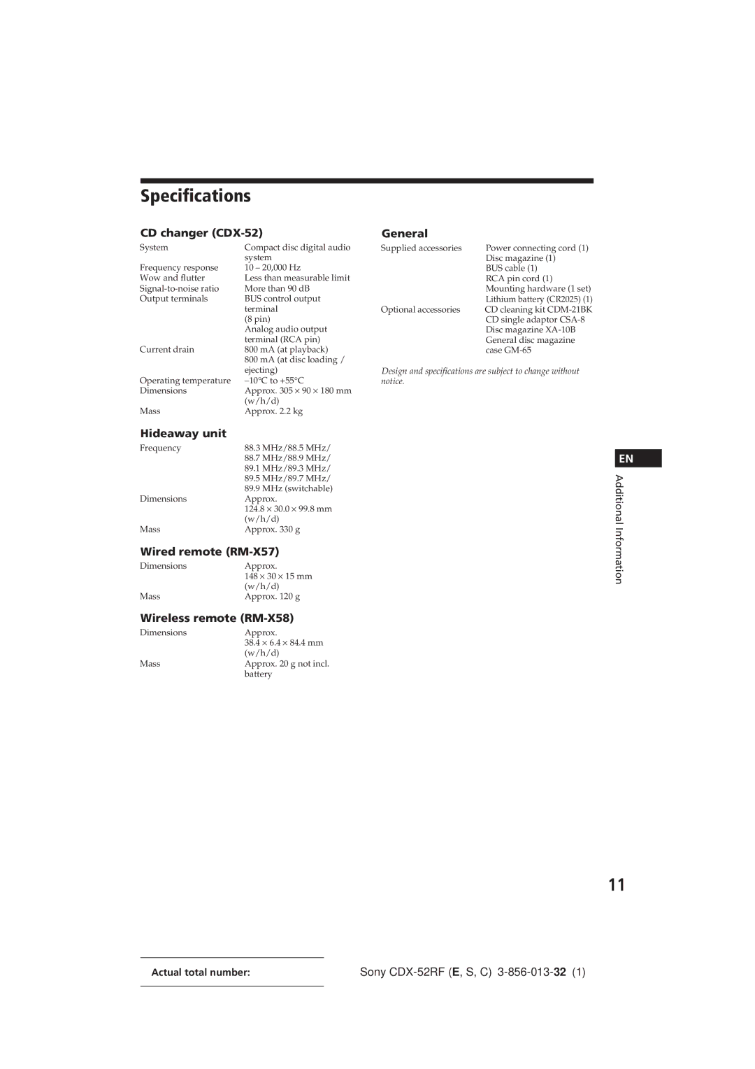 Sony CDX-52RF manual Specifications 