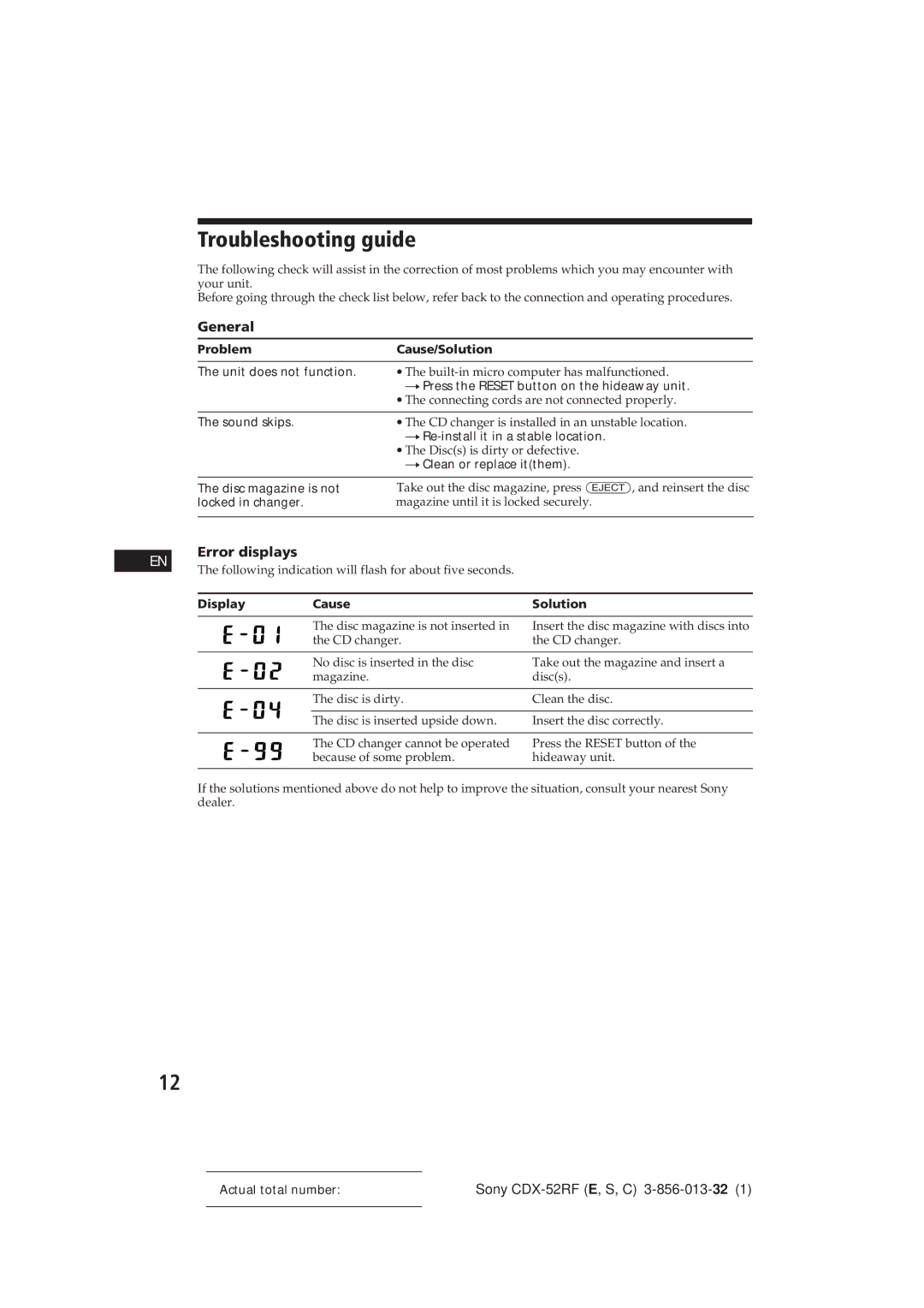 Sony CDX-52RF manual Troubleshooting guide, Error displays 