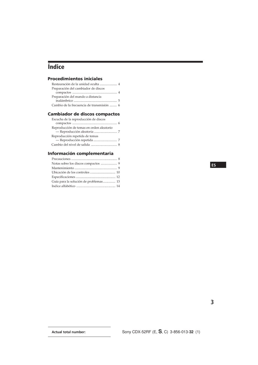 Sony CDX-52RF manual Índice, Procedimientos iniciales 