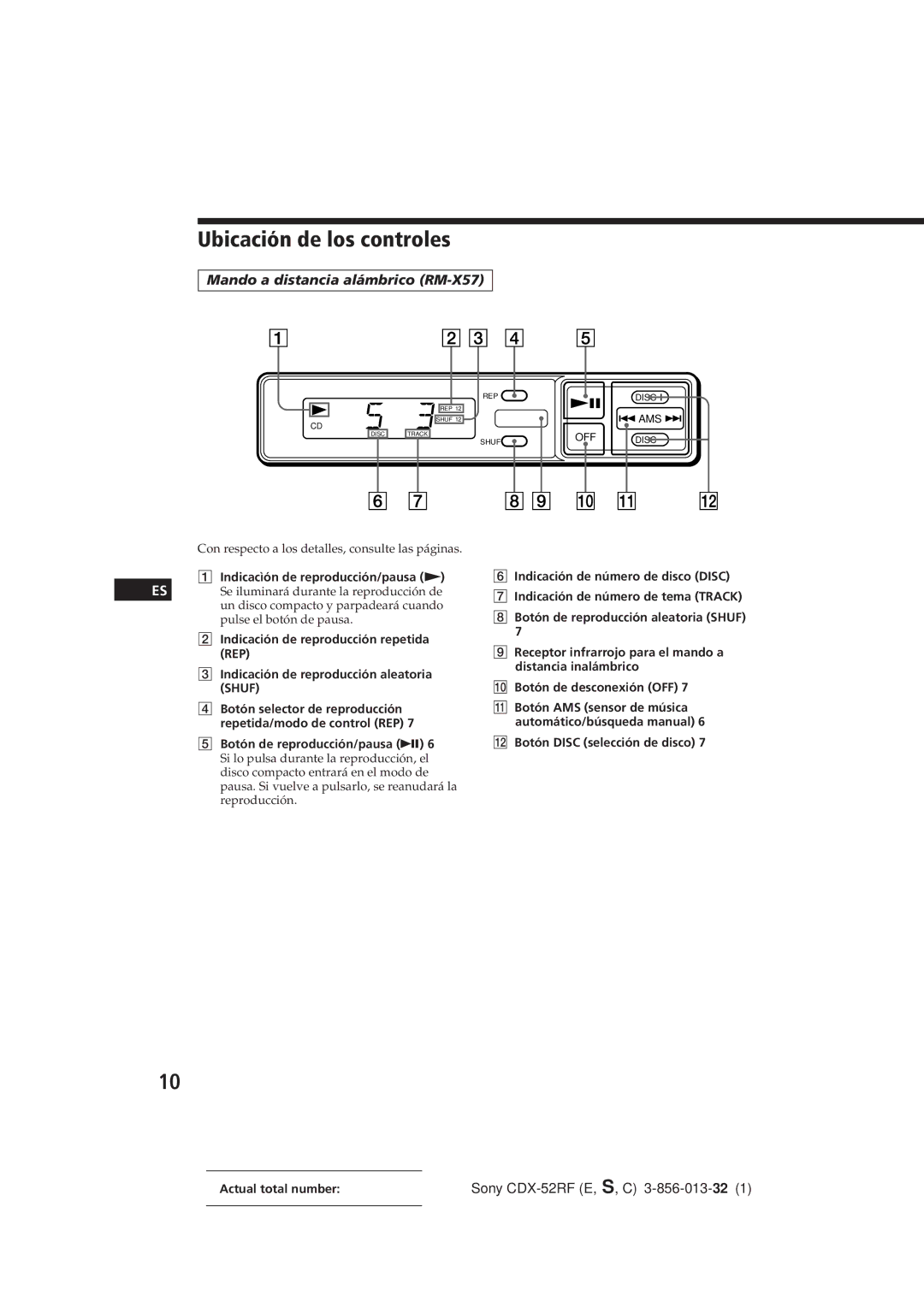 Sony CDX-52RF manual Ubicación de los controles 