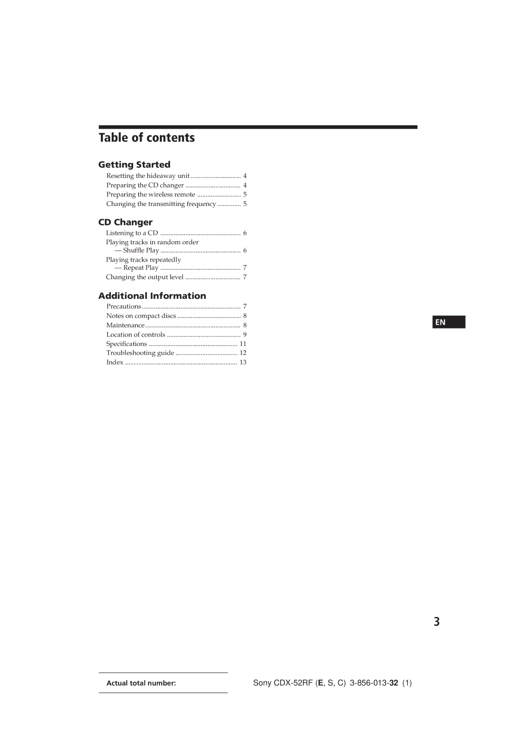 Sony CDX-52RF manual Table of contents 