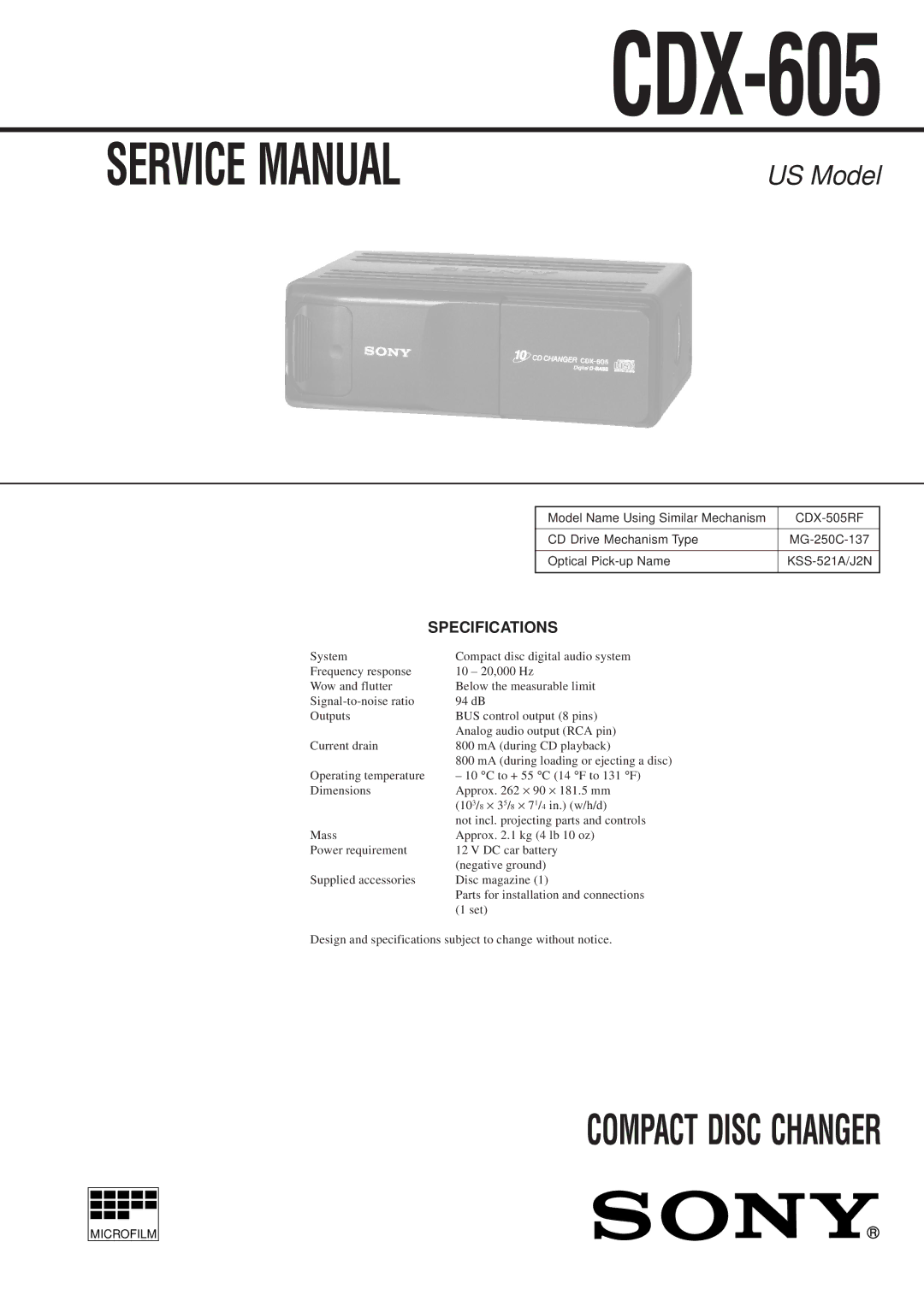 Sony CDX-605 service manual Specifications 