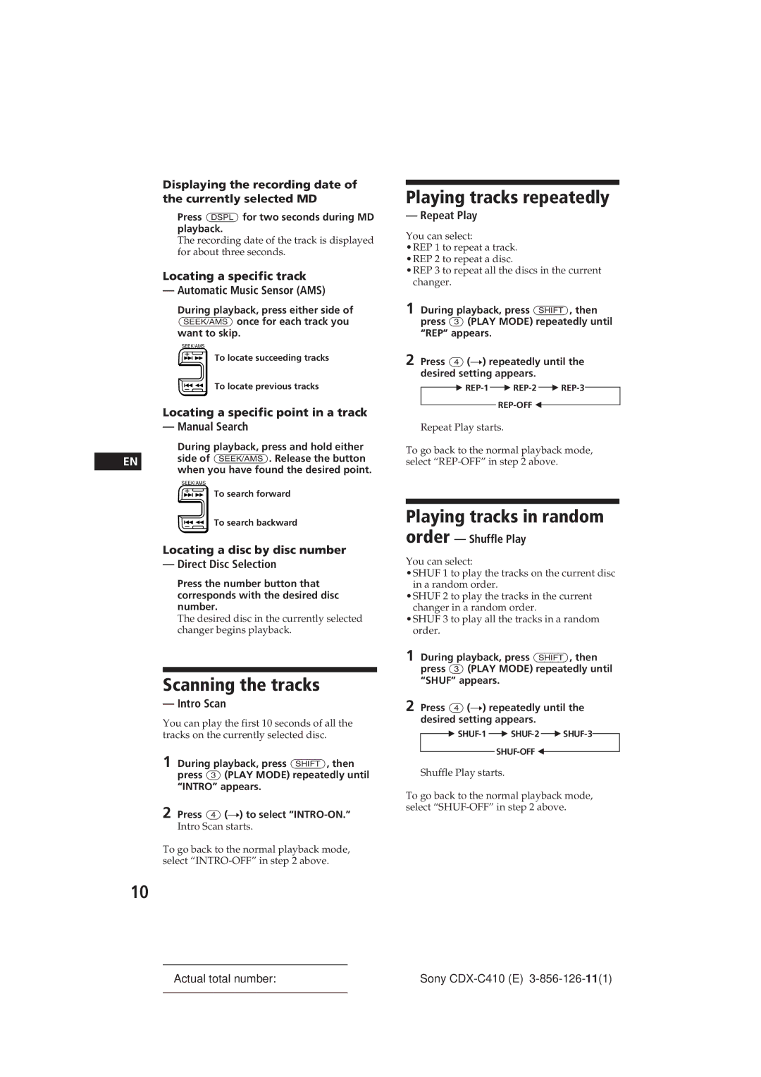 Sony CDX-C410 manual Scanning the tracks, Playing tracks repeatedly, Playing tracks in random 