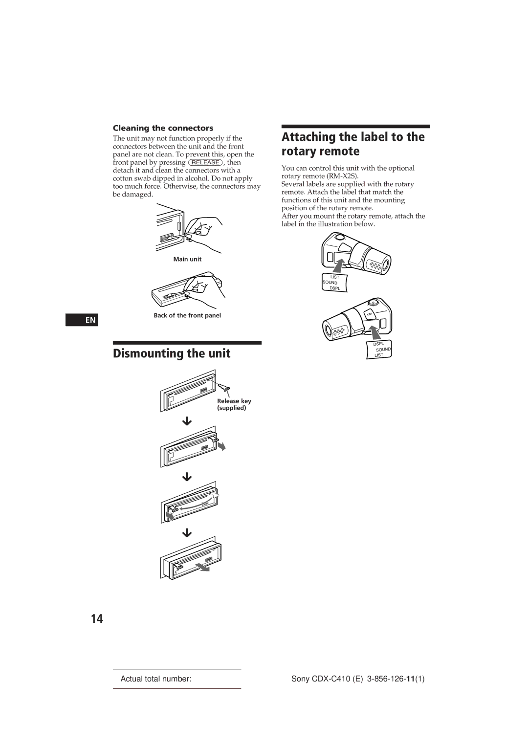 Sony CDX-C410 manual Attaching the label to the rotary remote, Dismounting the unit, Cleaning the connectors 