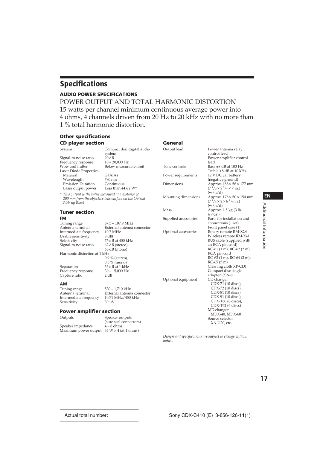 Sony CDX-C410 Specifications, Other specifications CD player section, Tuner section, Power amplifier section, General 