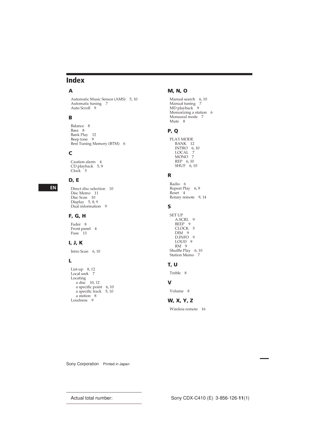 Sony CDX-C410 manual Index 