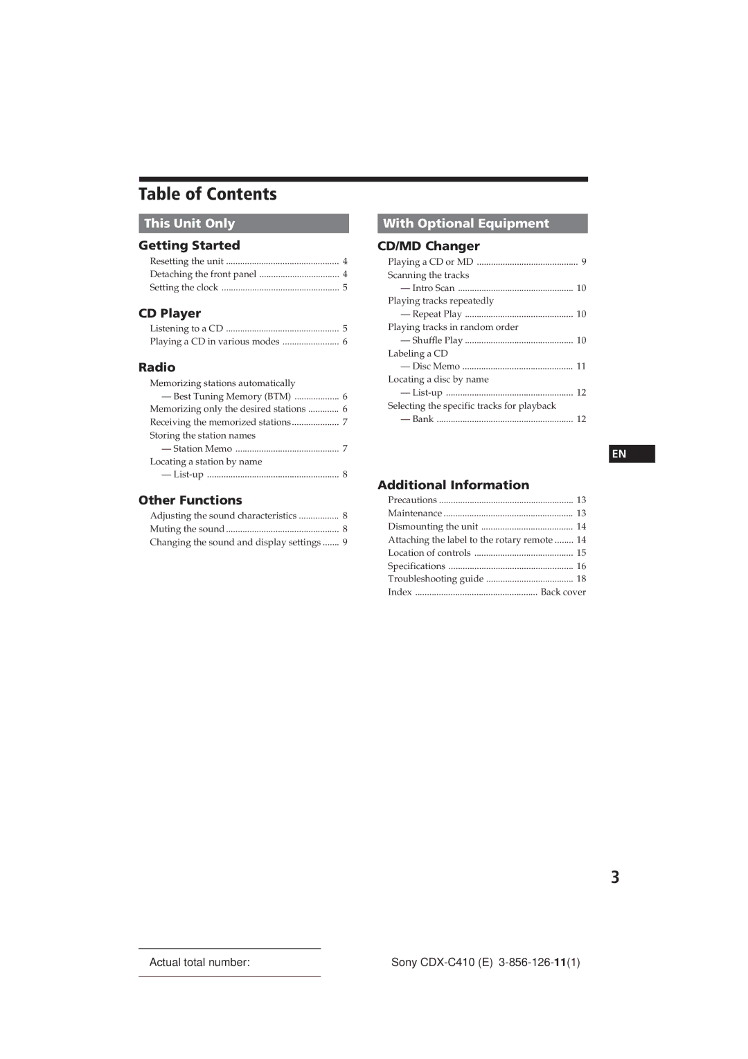 Sony CDX-C410 manual Table of Contents 