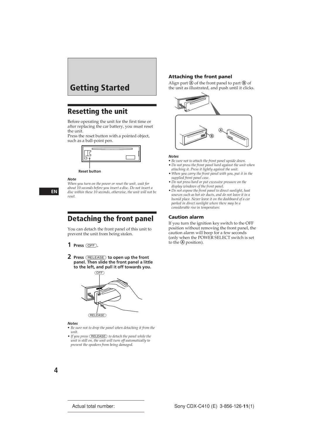 Sony CDX-C410 manual Getting Started, Resetting the unit, Detaching the front panel, Attaching the front panel, Press OFF 