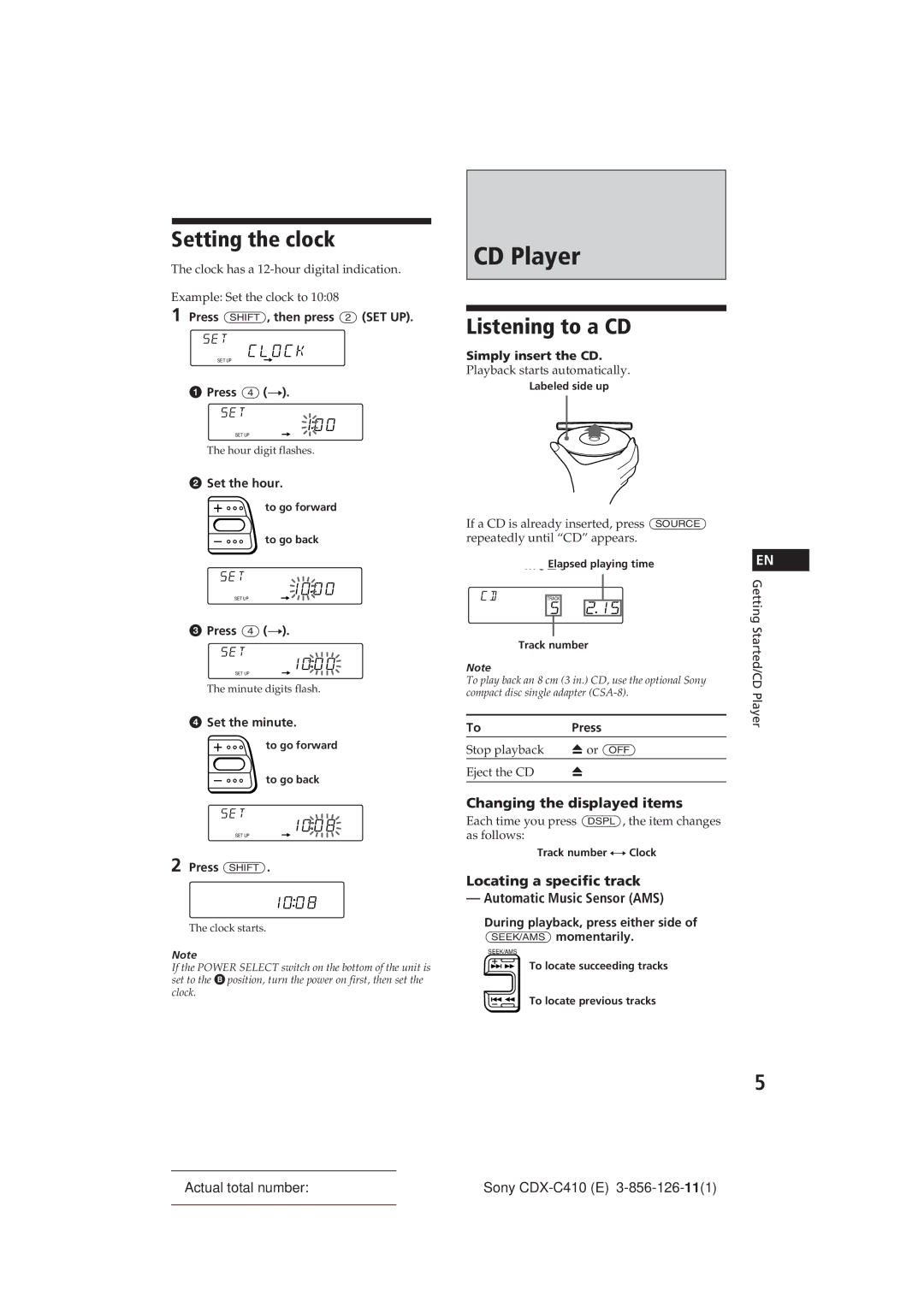 Sony CDX-C410 manual CD Player, Setting the clock, Listening to a CD, Clock 