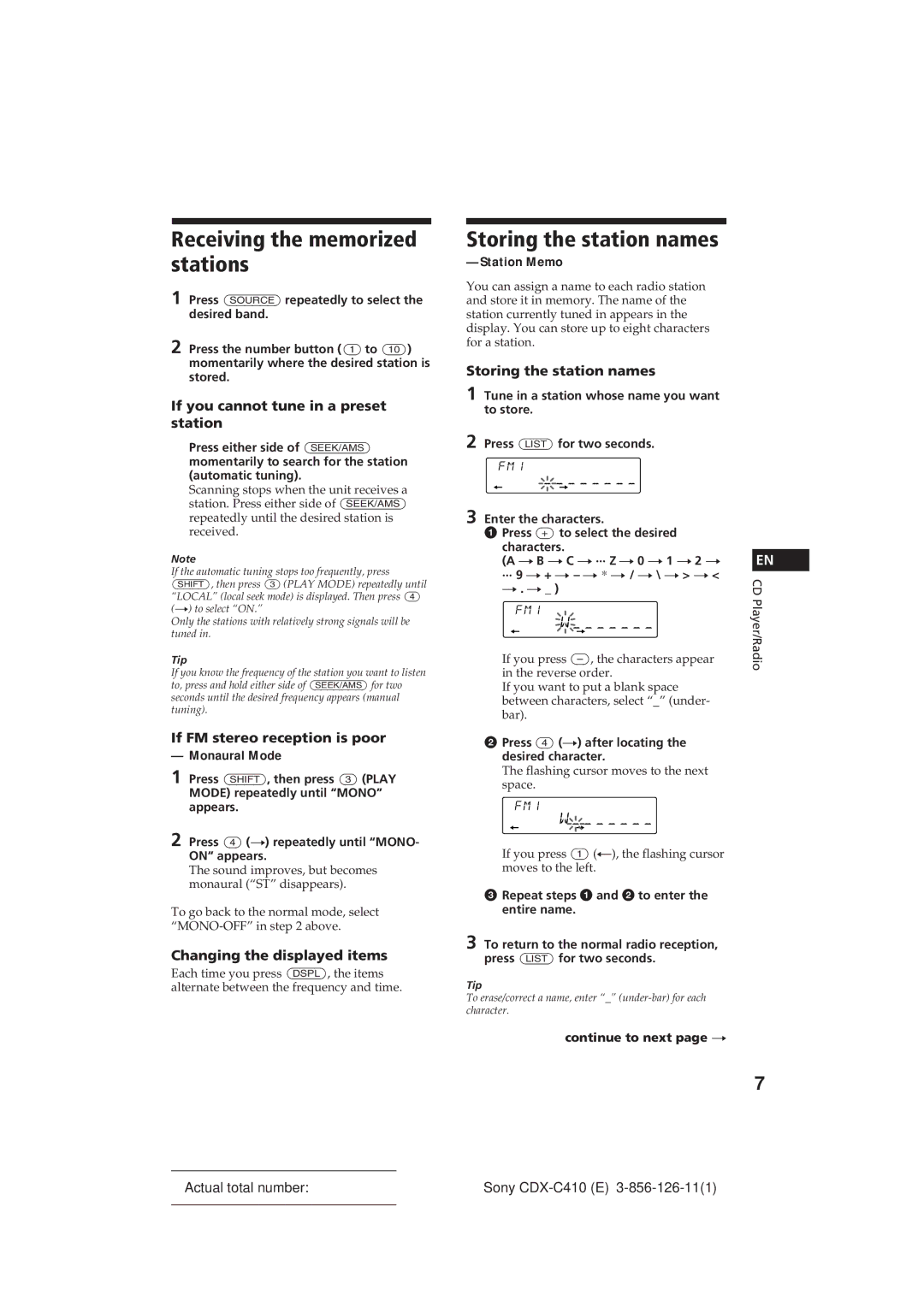 Sony CDX-C410 manual Receiving the memorized stations, Storing the station names 