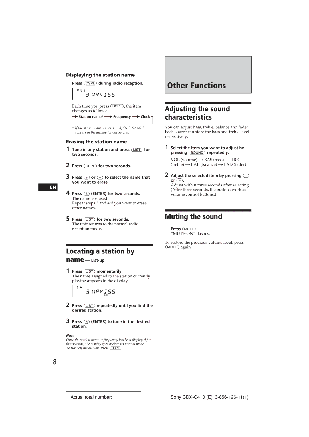 Sony CDX-C410 manual Other Functions, Locating a station by, Muting the sound, Wrkiss 