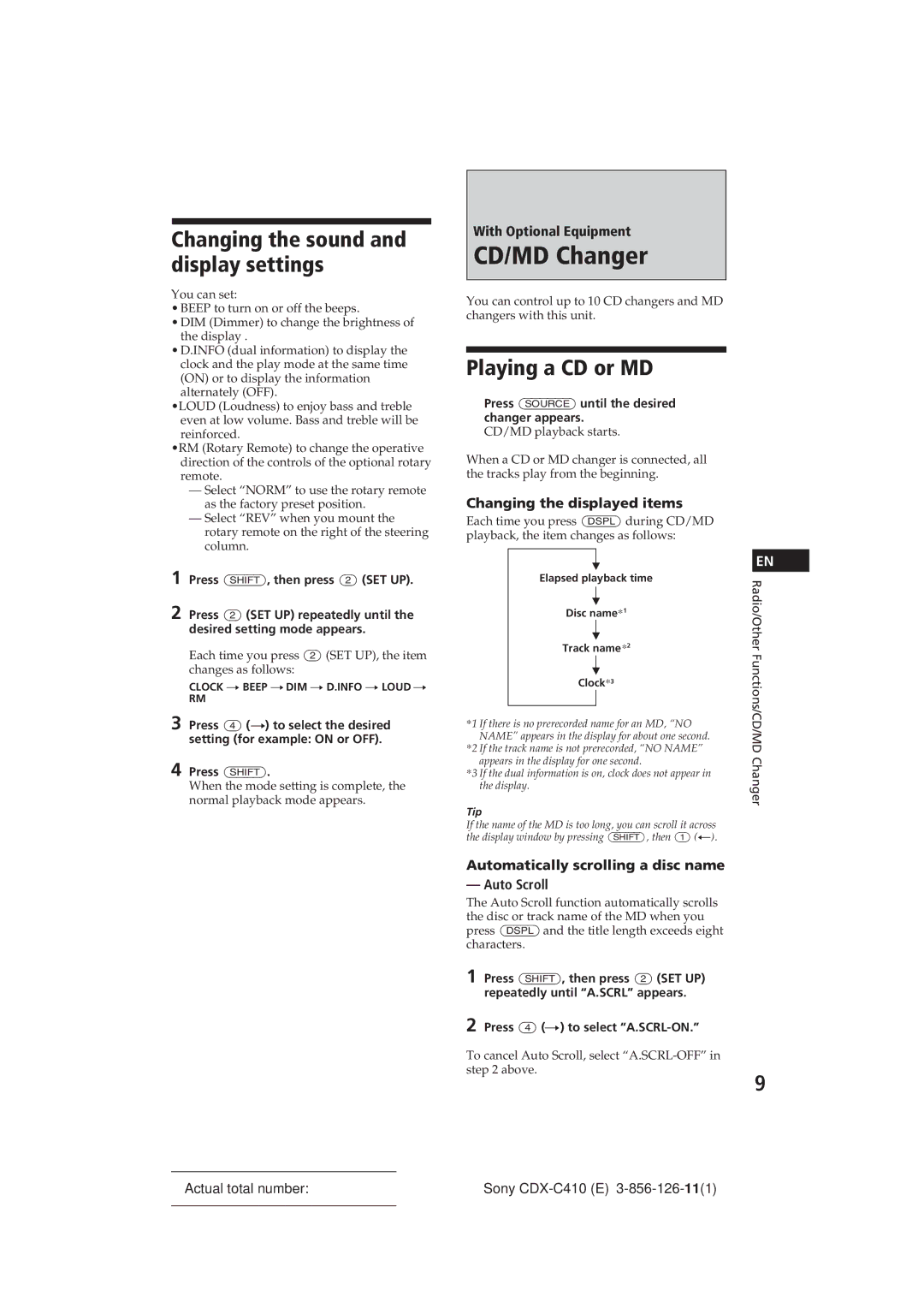 Sony CDX-C410 manual CD/MD Changer, Changing the sound and display settings, Playing a CD or MD, With Optional Equipment 