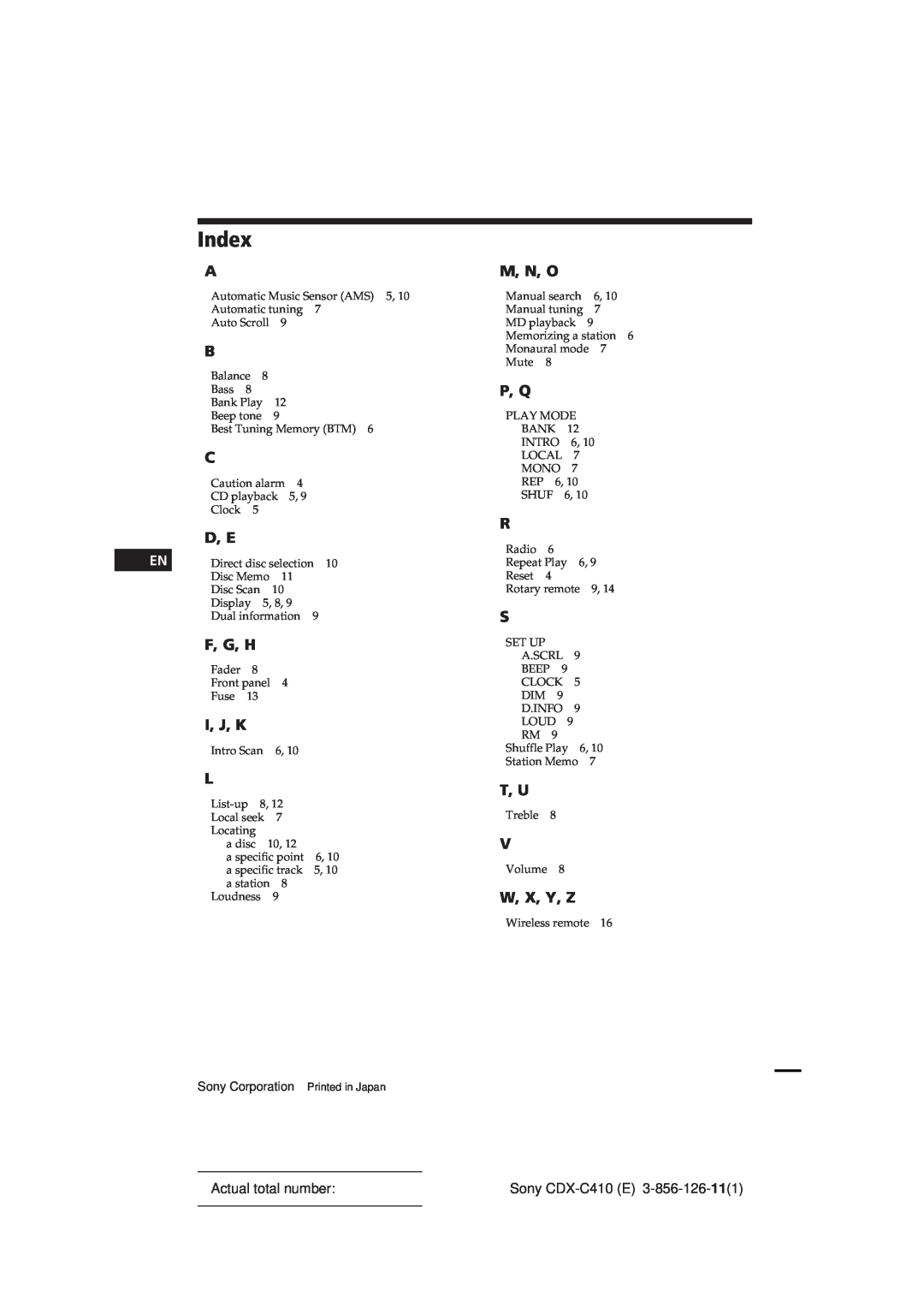 Sony CDX-C410 manual Index, D, E, F, G, H, I, J, K, M, N, O, P, Q, T, U, W, X, Y, Z 