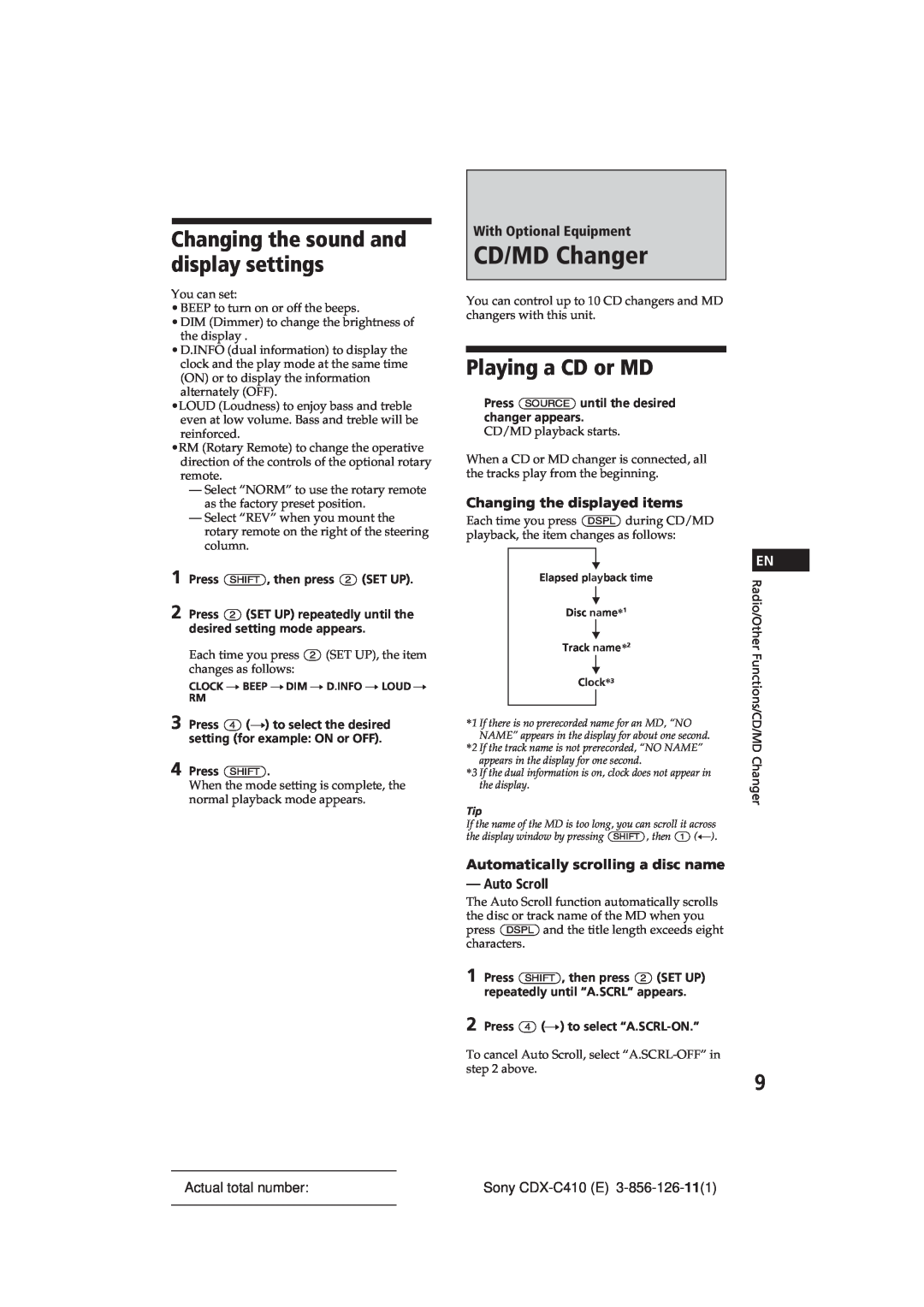 Sony CDX-C410 manual CD/MD Changer, Changing the sound and display settings, Playing a CD or MD, With Optional Equipment 