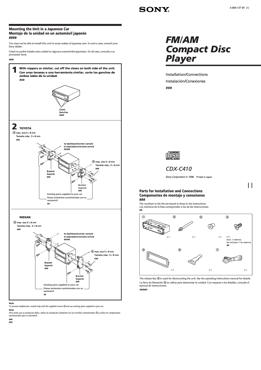 Sony CDX-C410 manual FM/AM Compact Disc Player, Installation/Connections Instalación/Conexiones 