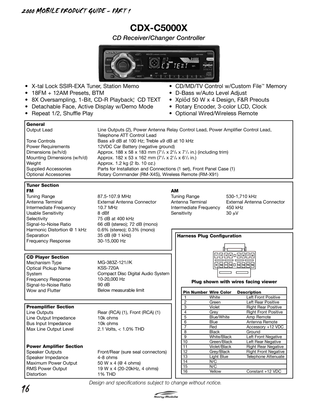 Sony CDX-C5000X specifications CD Receiver/Changer Controller 