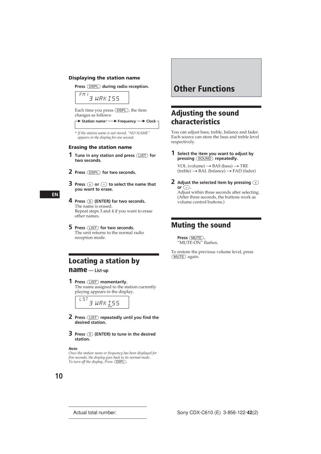 Sony CDX-C610 manual Other Functions, Locating a station by, Muting the sound, Wrkiss 