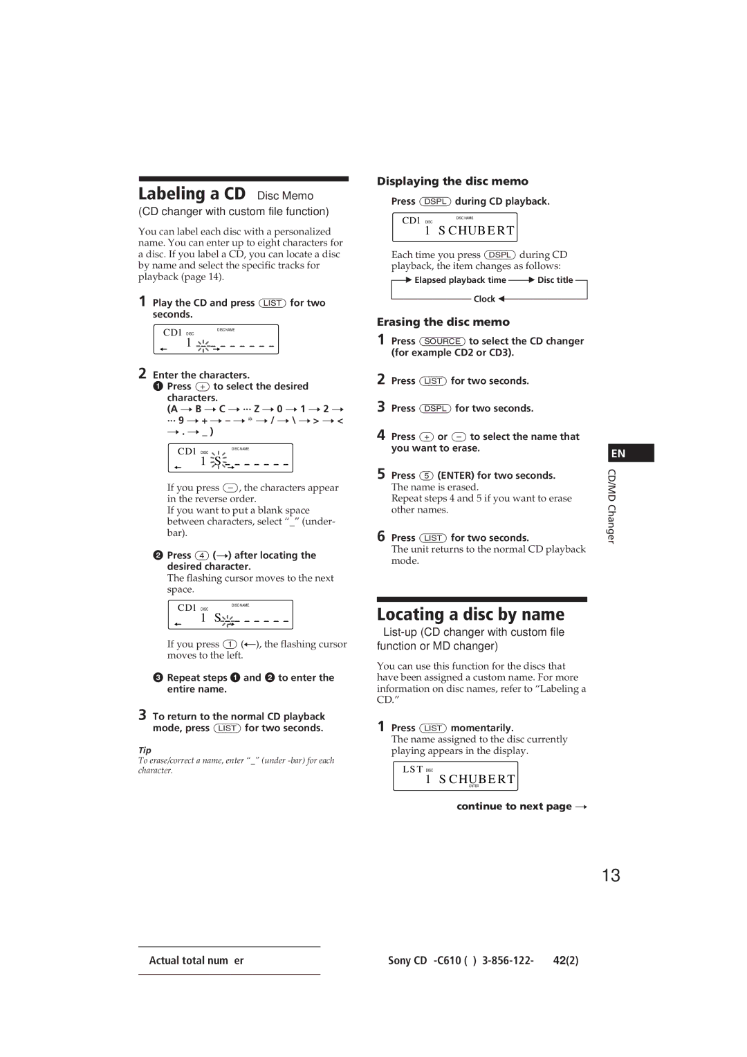 Sony CDX-C610 manual Labeling a CD Disc Memo, Locating a disc by name, Schubert 