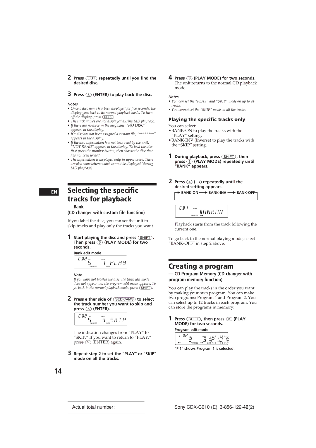 Sony CDX-C610 manual EN Selecting the specific tracks for playback, Skip, Bankon 