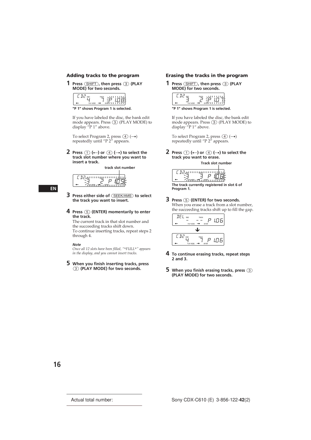 Sony CDX-C610 manual P105, P107, Track currently registered in slot 6 of Program 