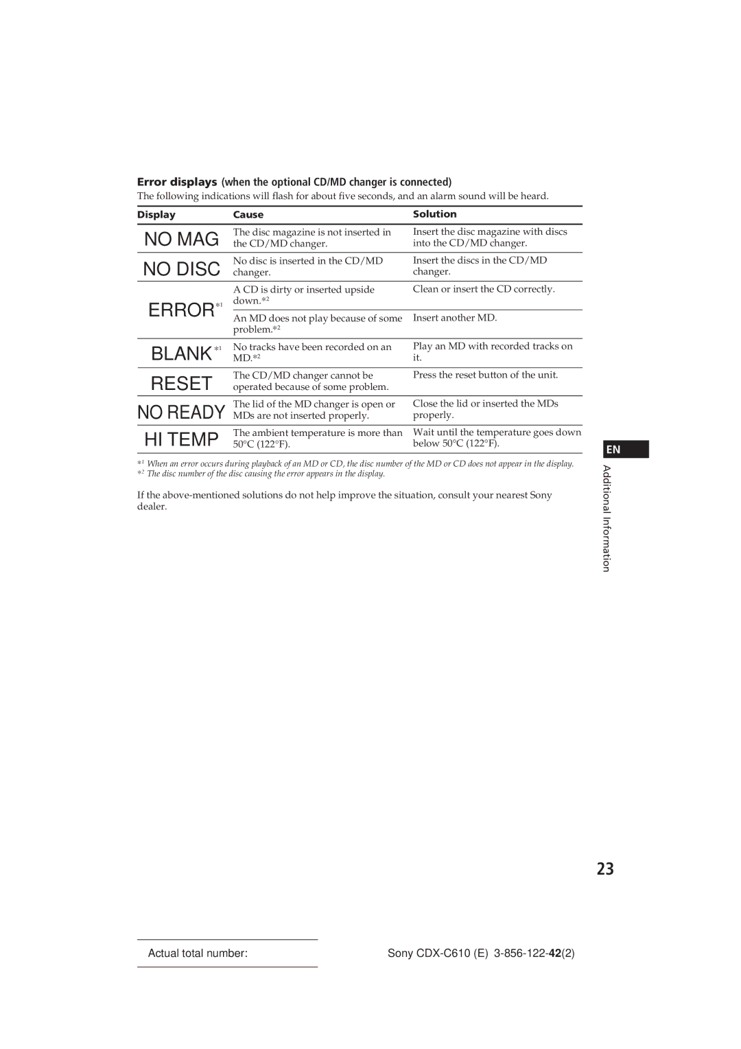 Sony CDX-C610 manual Error displays when the optional CD/MD changer is connected, Display Cause Solution 