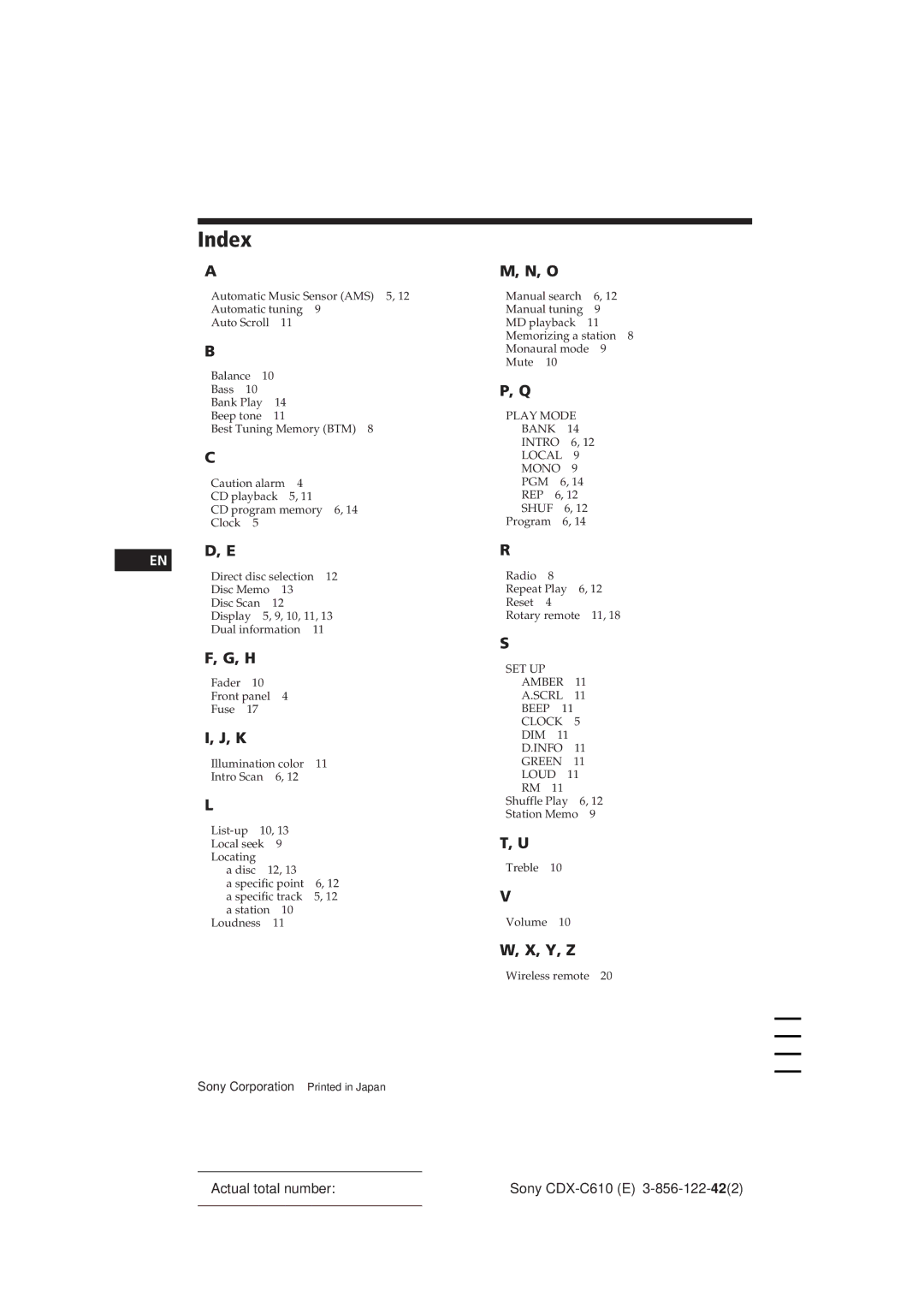 Sony CDX-C610 manual Index 