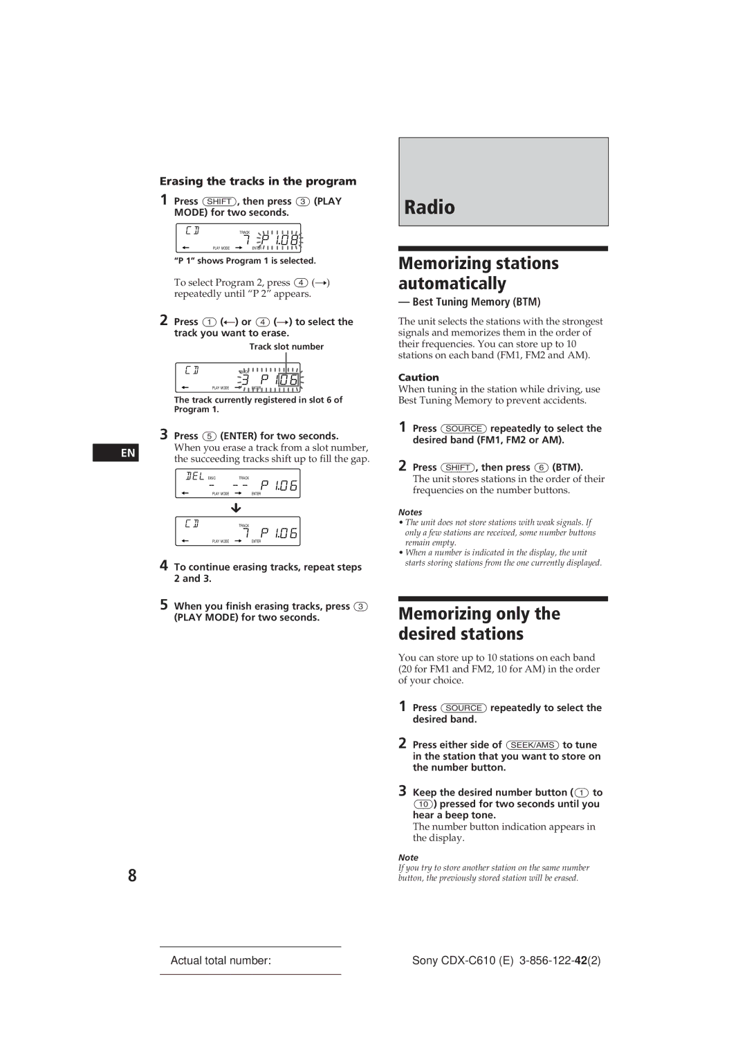 Sony CDX-C610 manual Radio, P106, Erasing the tracks in the program, Best Tuning Memory BTM 