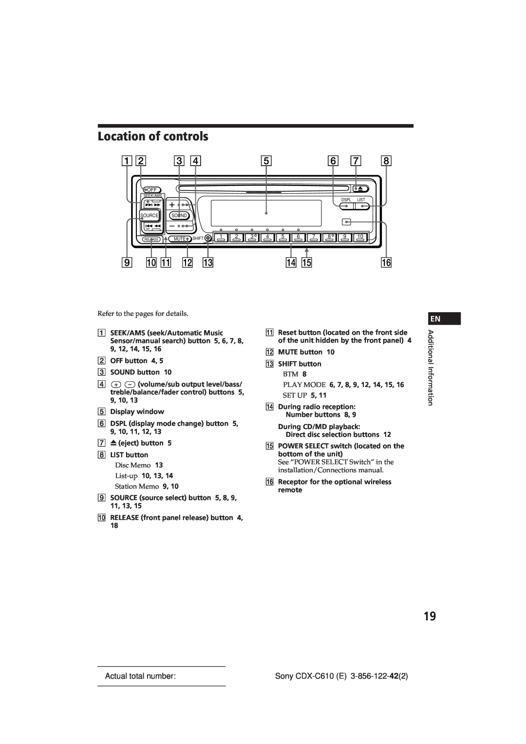 Sony manual Location of controls, Actual total number, Sony CDX-C610E 