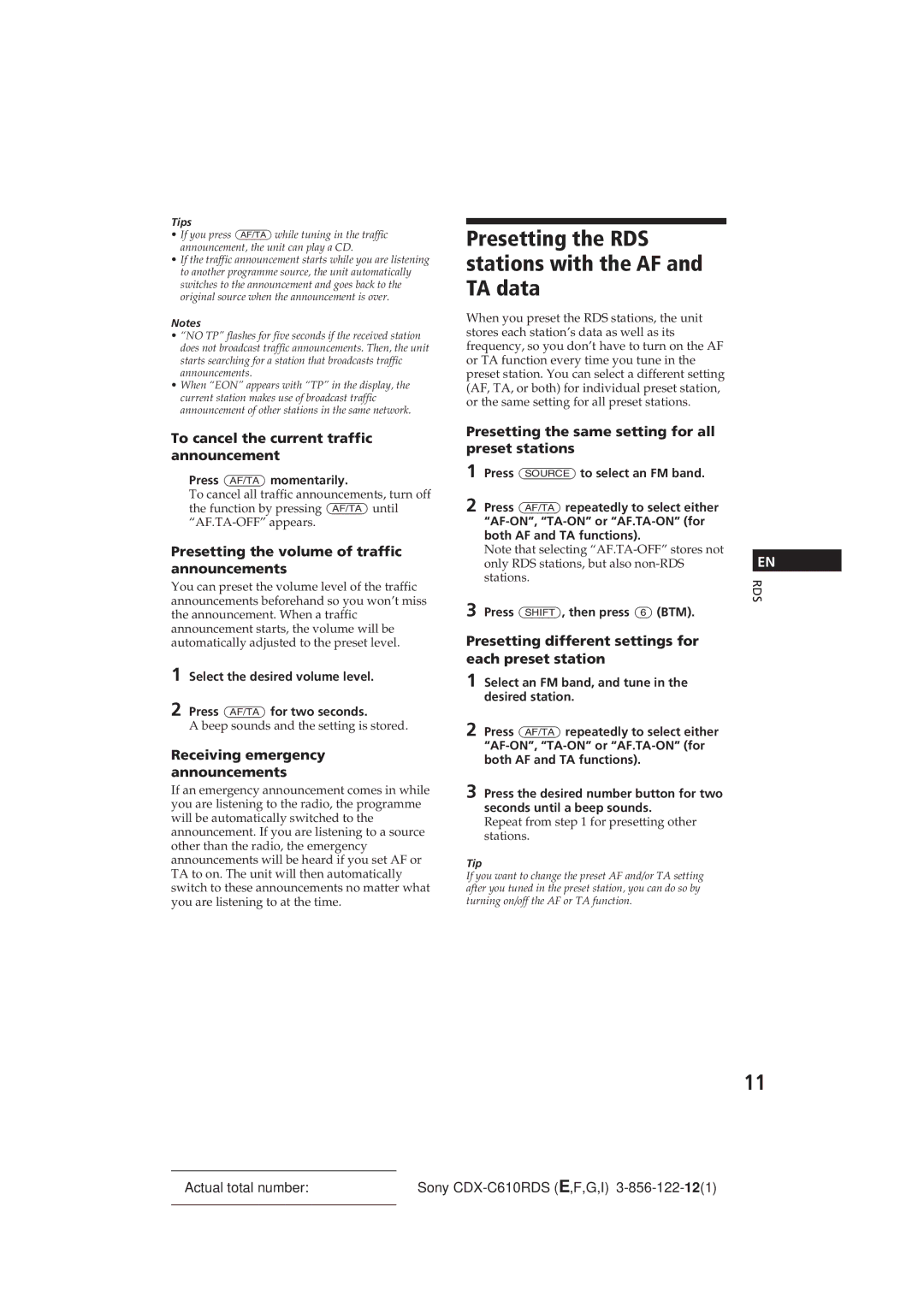 Sony CDX-C610RDS manual Presetting the RDS stations with the AF and TA data 