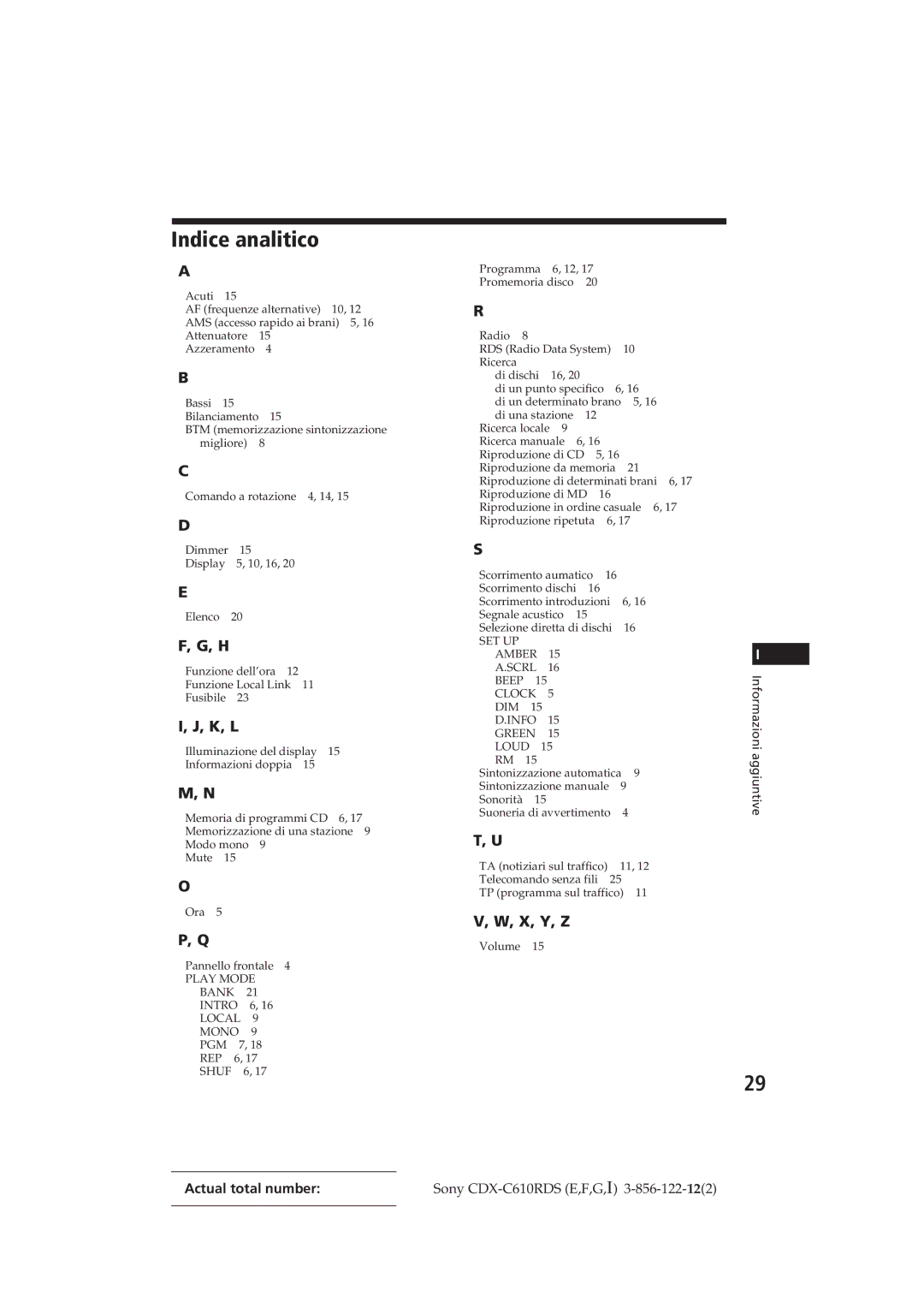 Sony CDX-C610RDS manual Indice analitico, K, L 