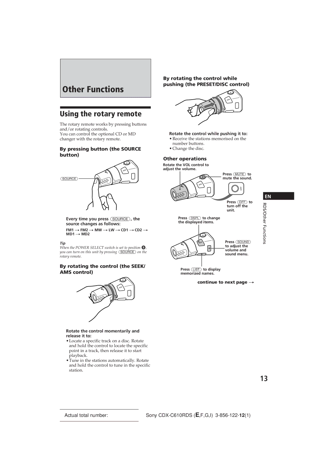 Sony CDX-C610RDS manual Other Functions, Using the rotary remote, By pressing button the Source button, Other operations 