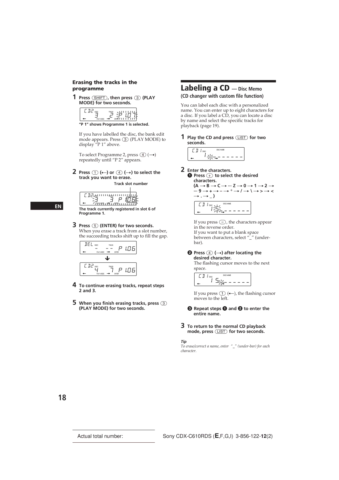 Sony CDX-C610RDS Labeling a CD Disc Memo, CD changer with custom file function, Play the CD and press List for two seconds 