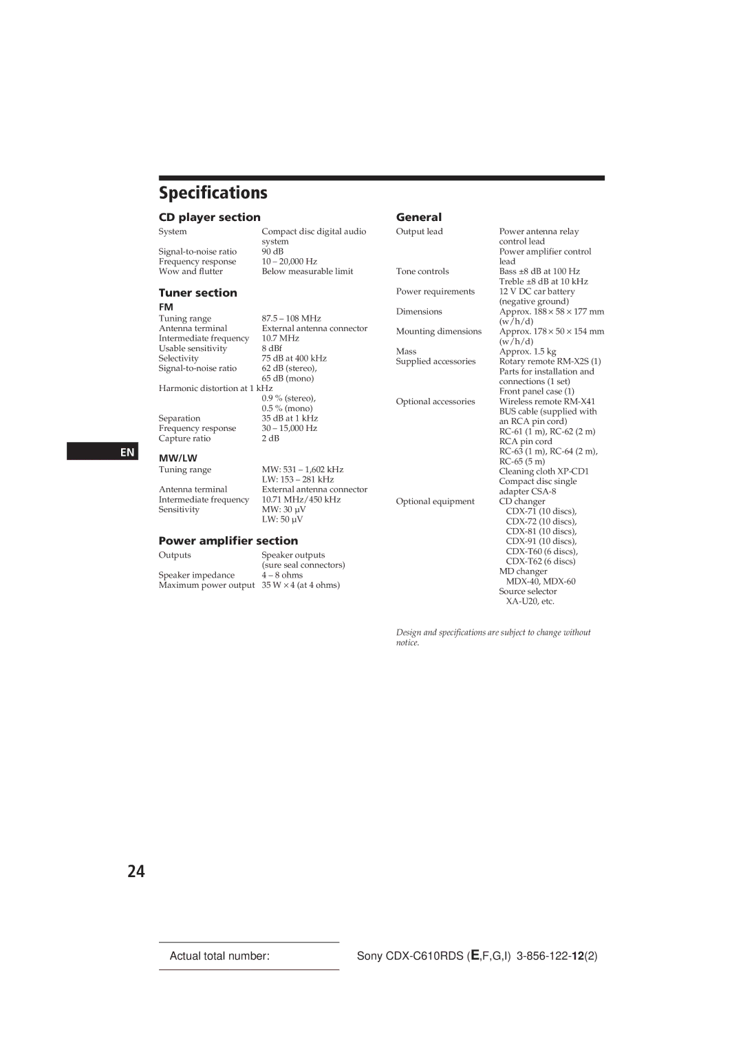 Sony CDX-C610RDS manual Specifications, CD player section, Tuner section, Power amplifier section, General 