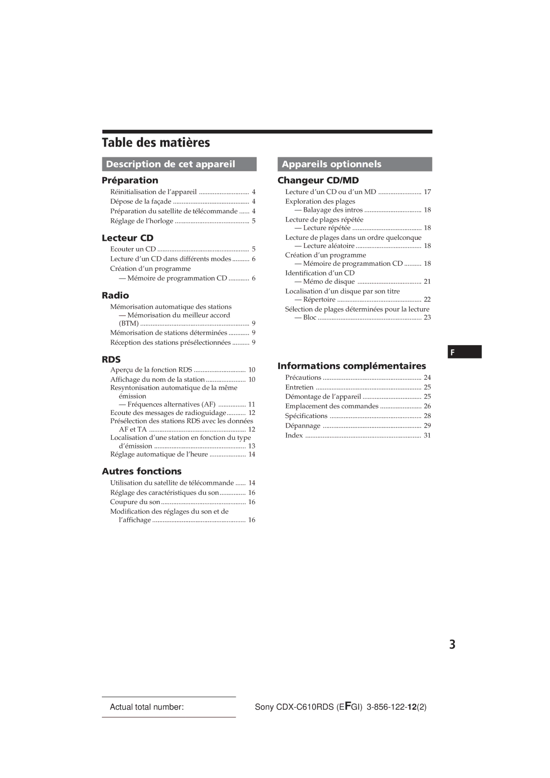 Sony CDX-C610RDS manual Table des matières, Description de cet appareil 