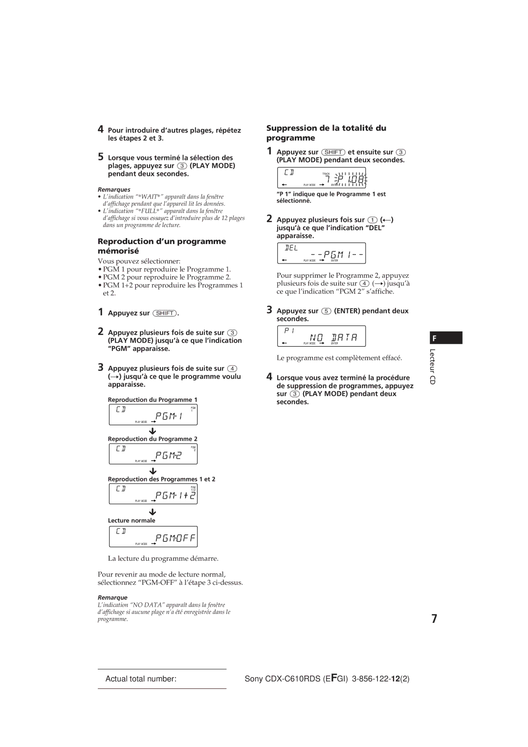 Sony CDX-C610RDS manual Reproduction d’un programme mémorisé, Suppression de la totalité du programme 