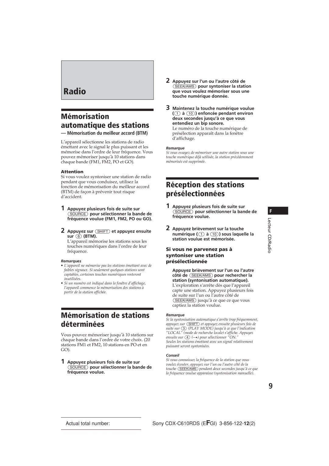 Sony CDX-C610RDS manual Mémorisation de stations déterminées, Mémorisation automatique des stations 