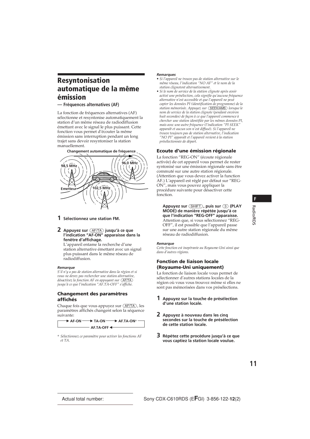 Sony CDX-C610RDS manual Resyntonisation automatique de la même émission, Fréquences alternatives AF 