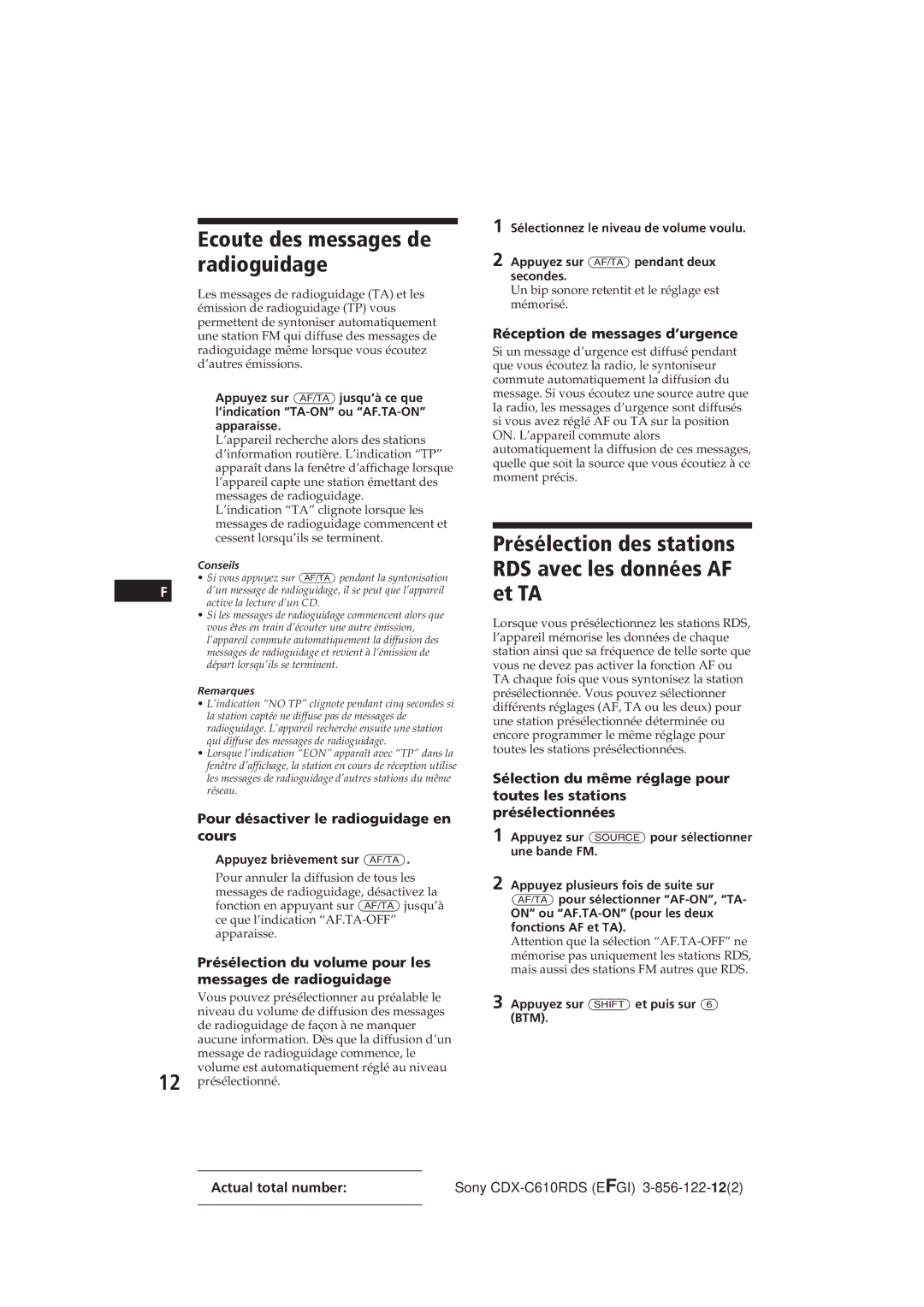 Sony CDX-C610RDS manual Ecoute des messages de radioguidage, Présélection des stations RDS avec les données AF et TA 