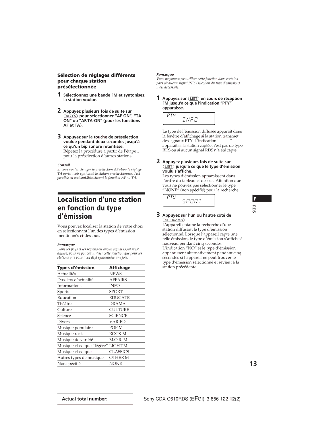 Sony CDX-C610RDS Localisation d’une station en fonction du type d’émission, On ou AF.TA-ON pour les fonctions AF et TA 