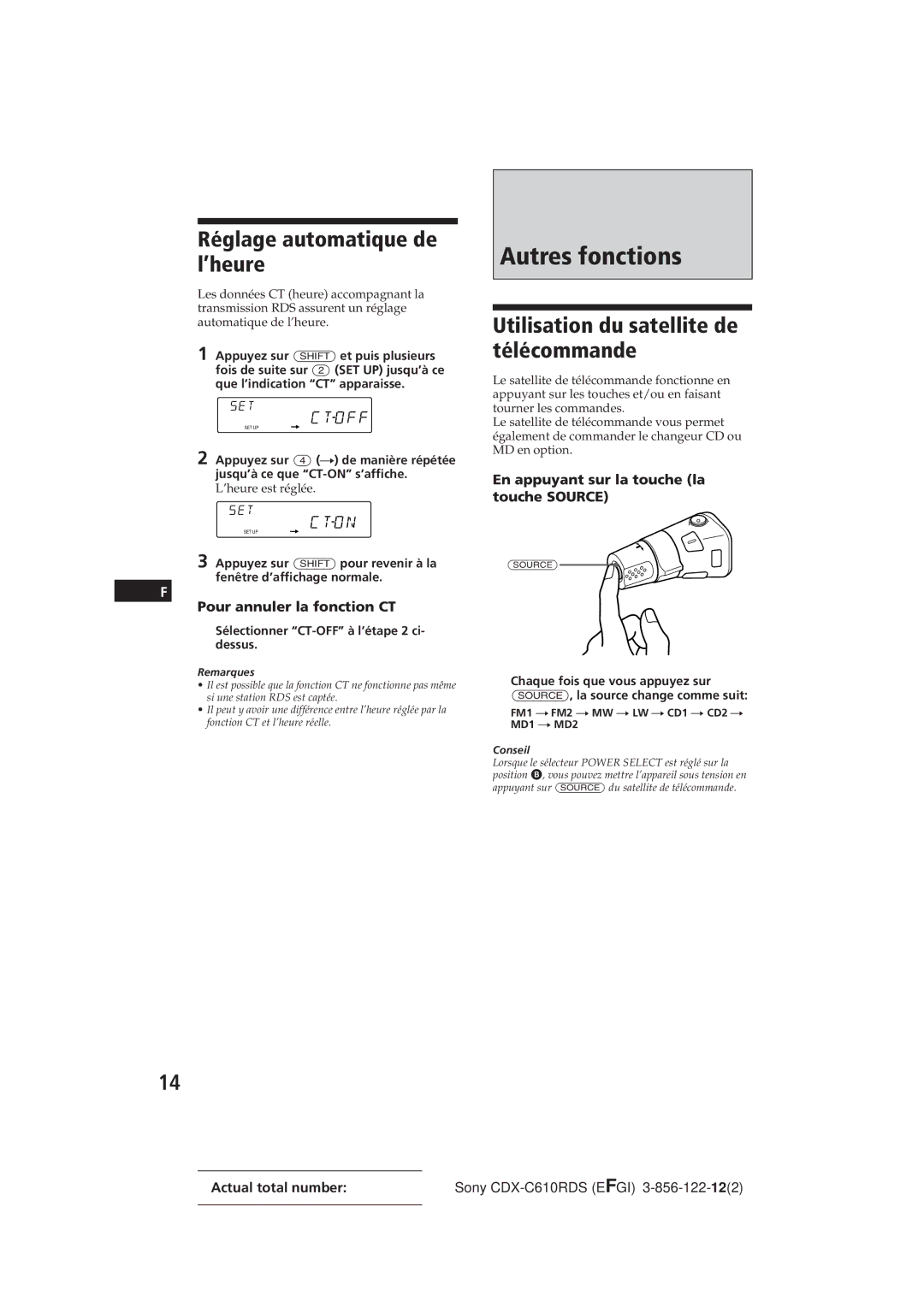 Sony CDX-C610RDS manual Autres fonctions, Réglage automatique de l’heure, Utilisation du satellite de télécommande 