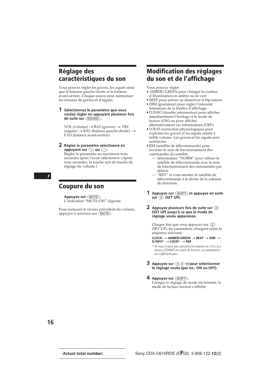 Sony CDX-C610RDS Coupure du son, Réglage des caractéristiques du son, Modification des réglages du son et de l’affichage 