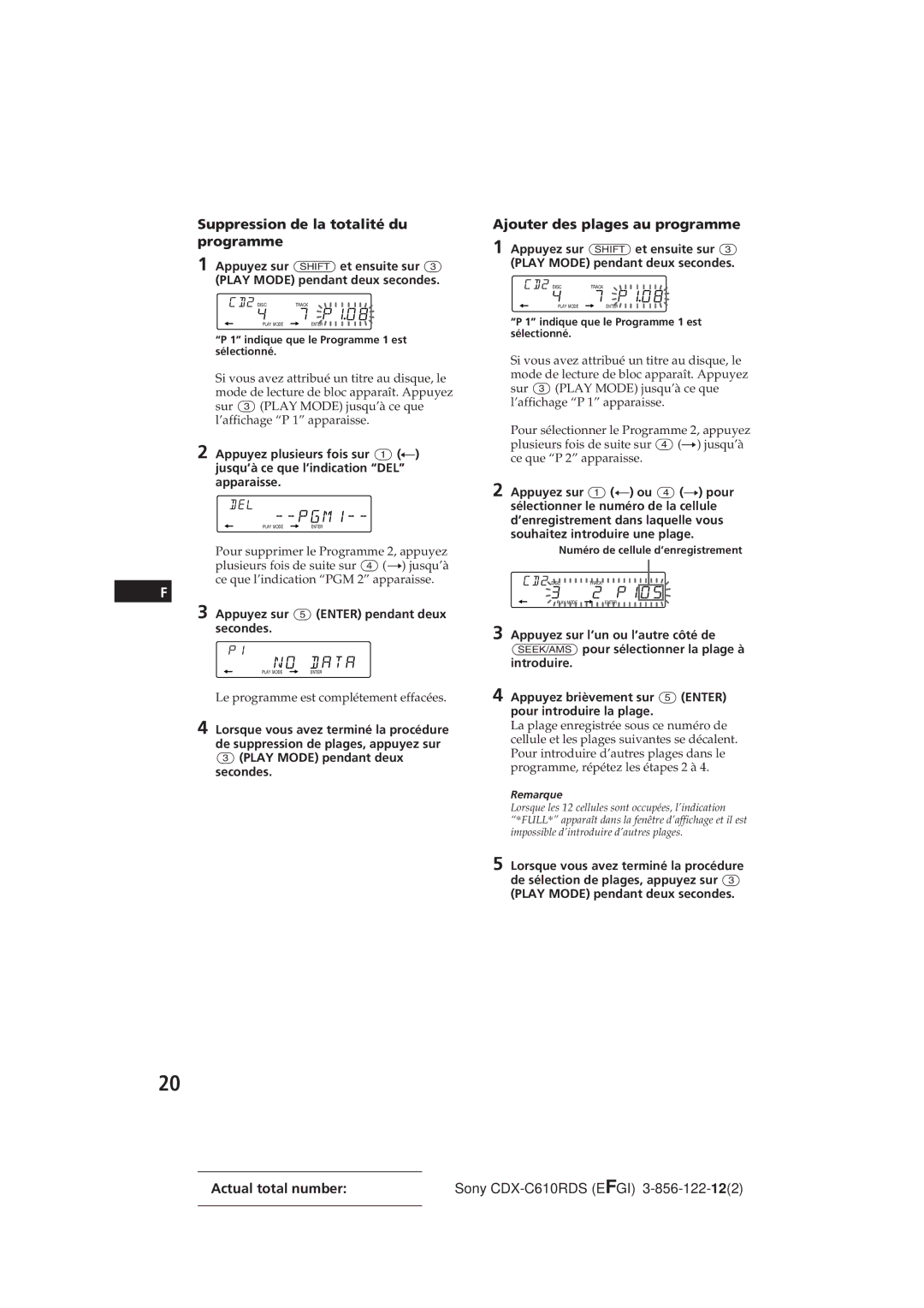 Sony CDX-C610RDS manual DEL --PGM1, Le programme est complétement effacées 