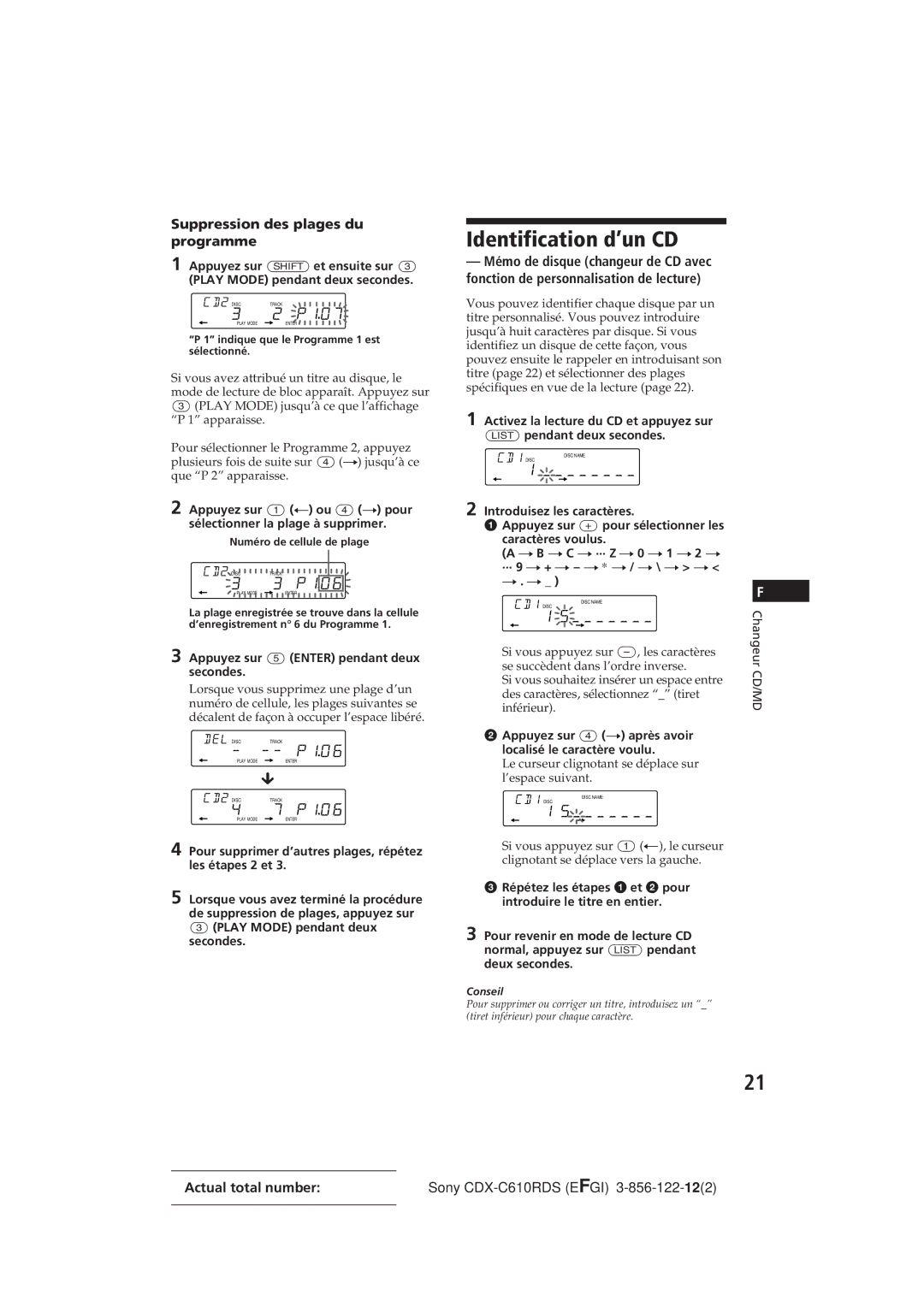 Sony CDX-C610RDS manual Identification d’un CD, Suppression des plages du programme 