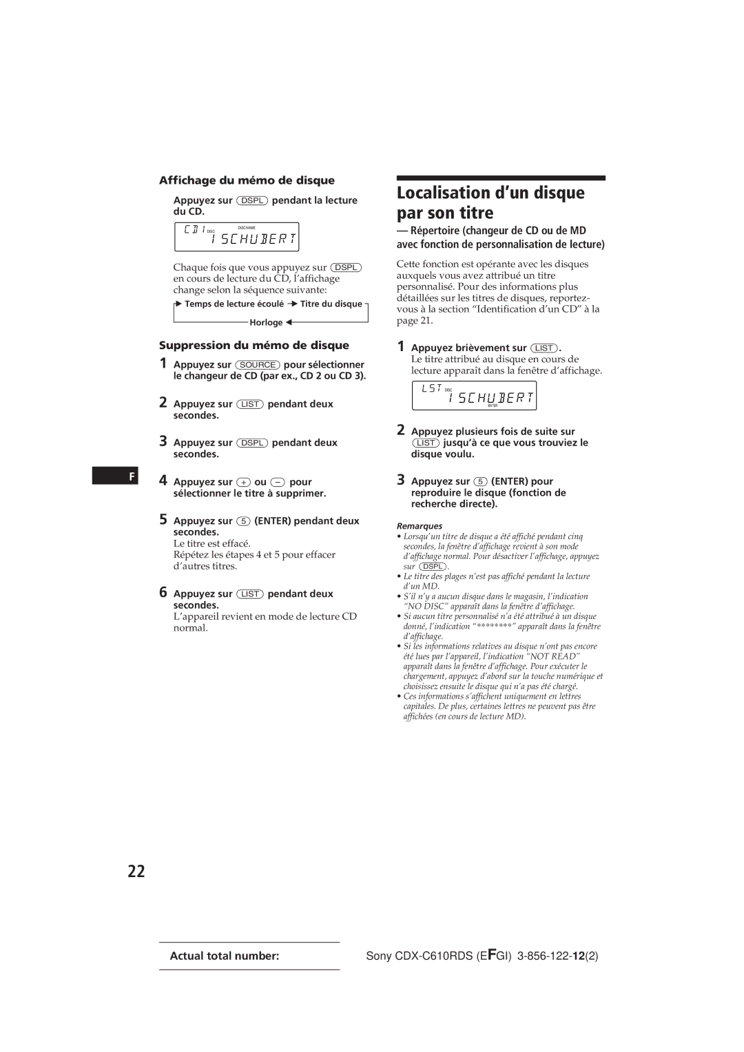 Sony CDX-C610RDS manual Localisation d’un disque par son titre, Affichage du mémo de disque, Suppression du mémo de disque 