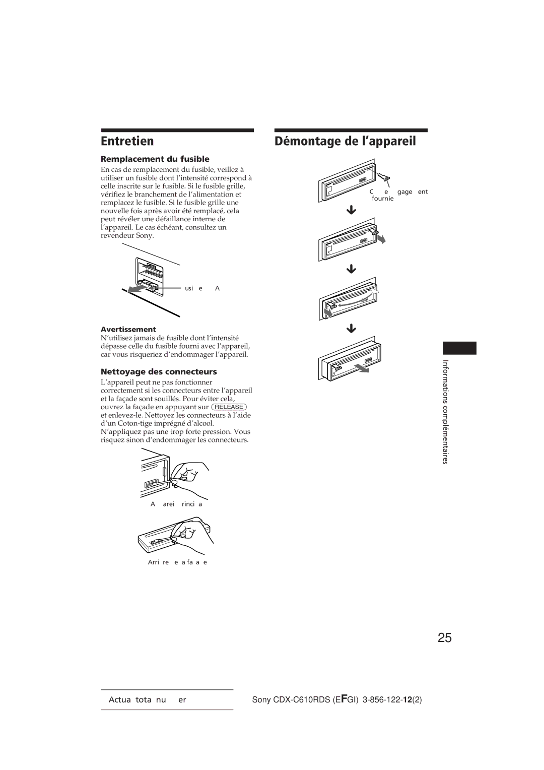 Sony CDX-C610RDS Entretien, Démontage de l’appareil, Remplacement du fusible, Nettoyage des connecteurs, Avertissement 