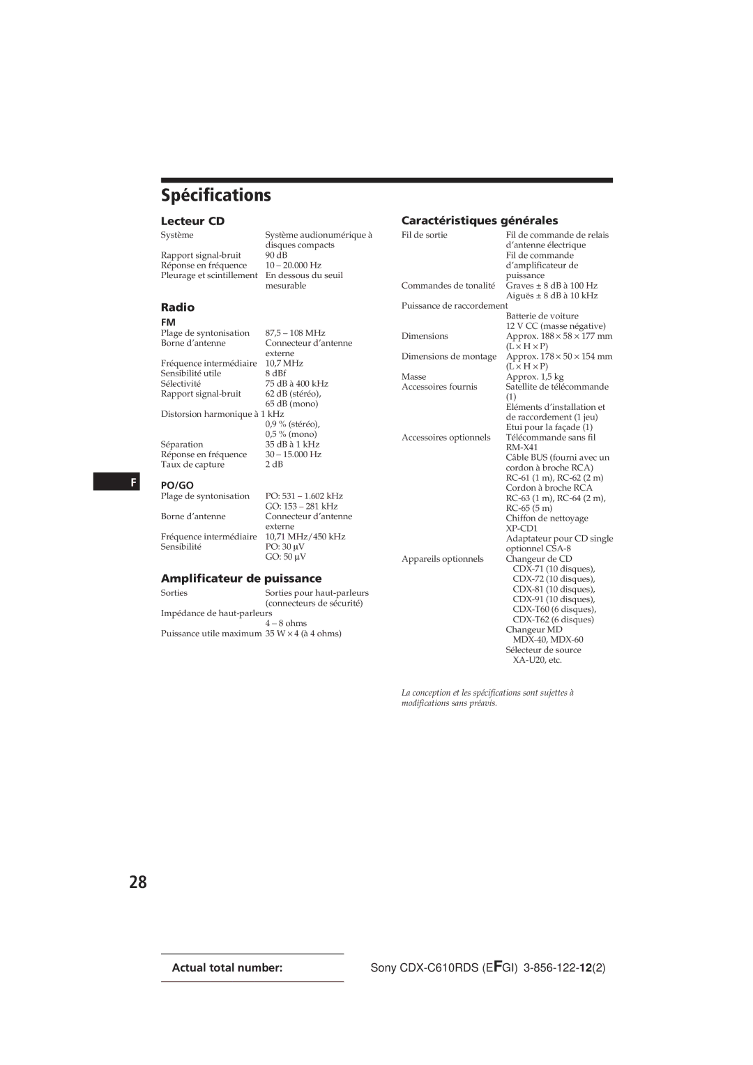 Sony CDX-C610RDS manual Spécifications, Lecteur CD, Radio, Amplificateur de puissance, Caractéristiques générales 