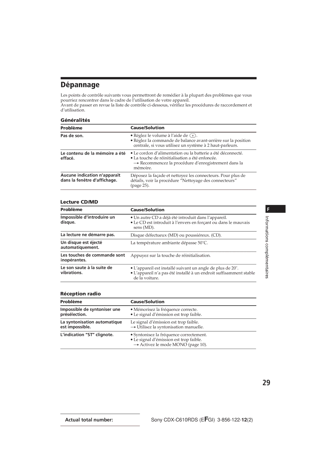 Sony CDX-C610RDS manual Dépannage, Généralités, Lecture CD/MD, Réception radio 