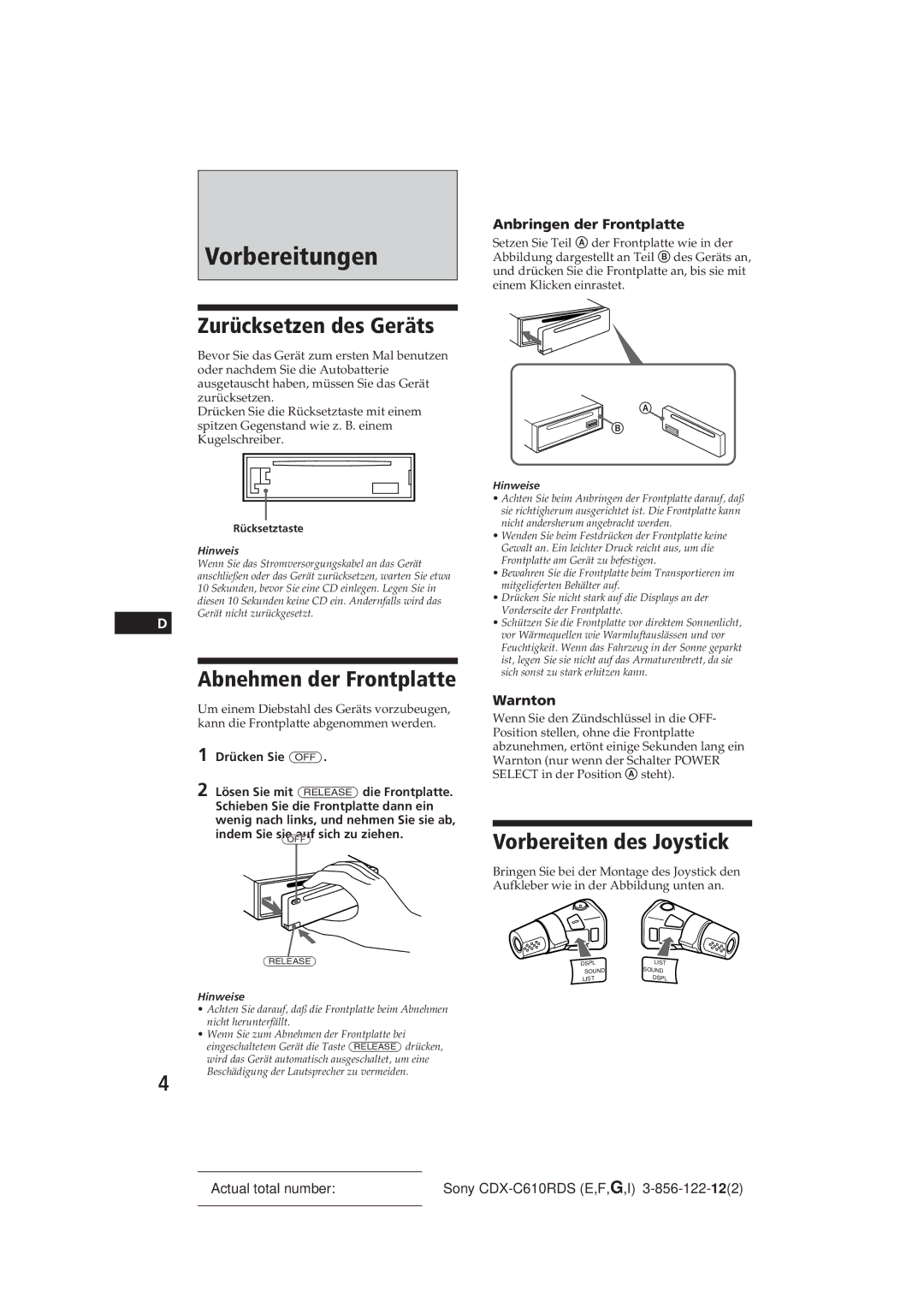 Sony CDX-C610RDS manual Vorbereitungen, Zurücksetzen des Geräts, Abnehmen der Frontplatte, Vorbereiten des Joystick 