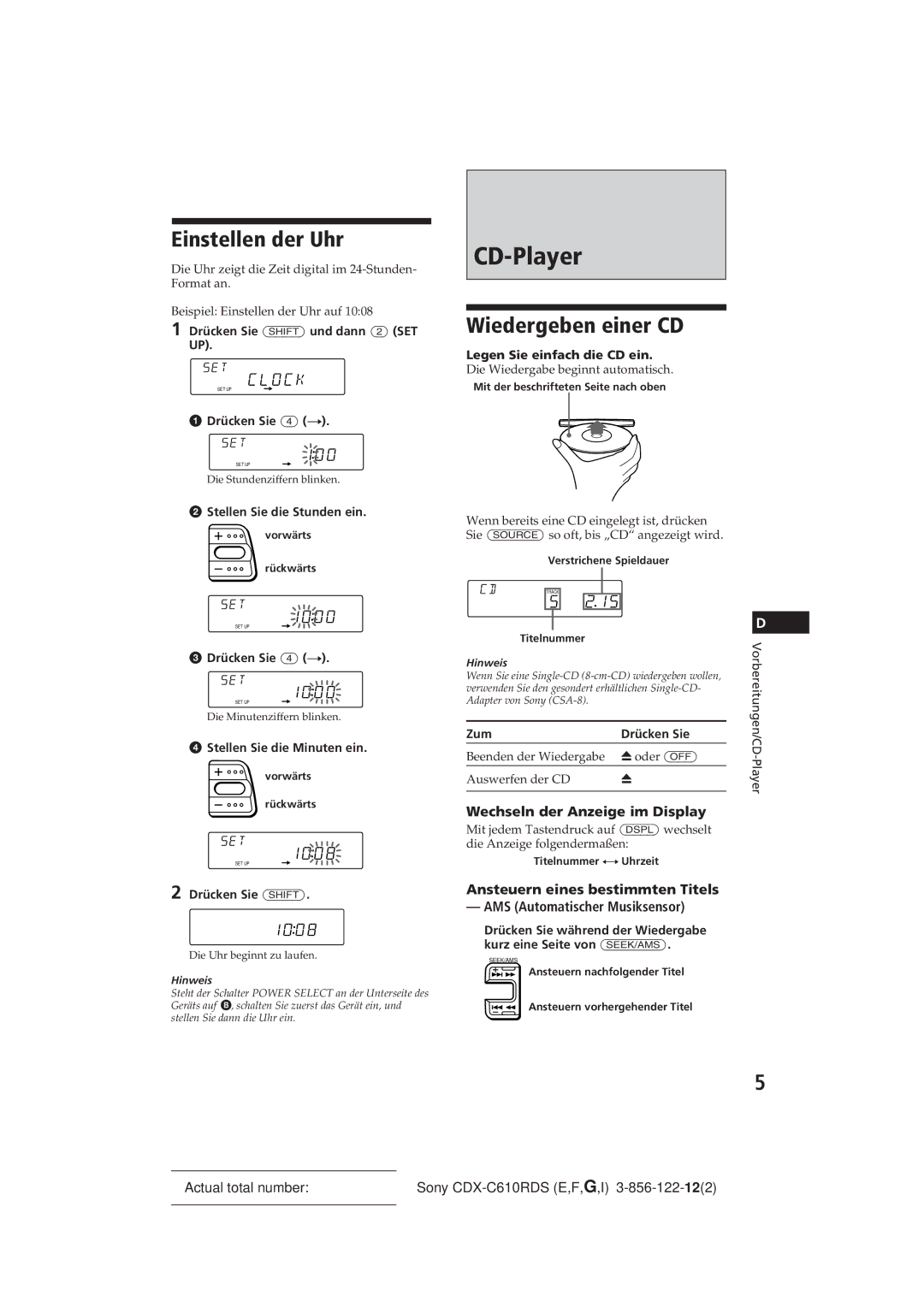 Sony CDX-C610RDS manual CD-Player, Einstellen der Uhr, Wiedergeben einer CD, Wechseln der Anzeige im Display 